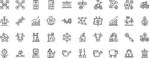 Smart agriculture and biotechnology icon set featuring drones, tractors, plants, DNA, livestock, and lab tools for farming and eco design projects