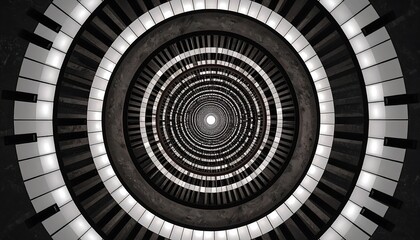 A spiraling, concentric design resembling piano keys creates a captivating, dark, and mysterious tunnel effect.
