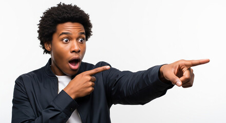 Young African American man with a shocked and surprised expression, actively pointing with both hands to the side, highlighting an unexpected event or discovery on a clean white background