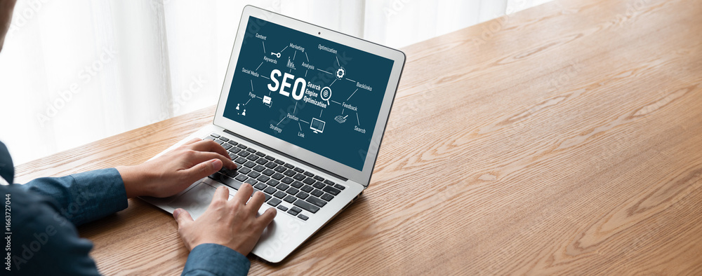 Poster seo search engine optimization for modish e-commerce and online retail business showing on computer 