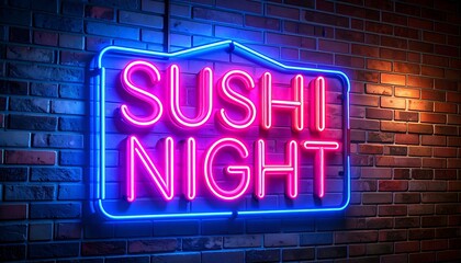 Vibrant neon sign, advertising Sushi Night, mounted on a brick wall.