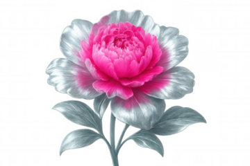 Vibrant pink peony with silver accents blooming on a transparent background, perfect for designs requiring floral elements