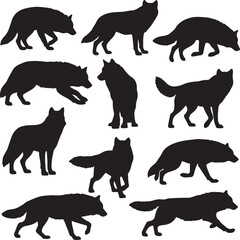 Black wolf silhouettes in various poses wolves canine