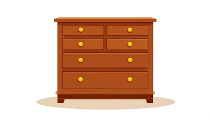 A simple, detailed illustration of a wooden chest of drawers with gold-colored knobs, positioned on a beige base.
