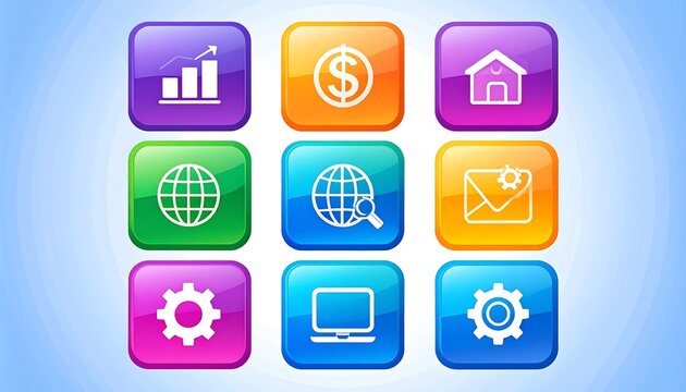 Colorful Square Icons Representing Business, Technology, and Global Concepts. - Powered by Adobe