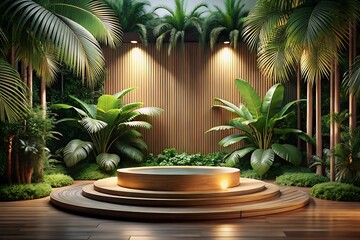 Fototapeta premium Tropical podium stage with plants for product display and presentation