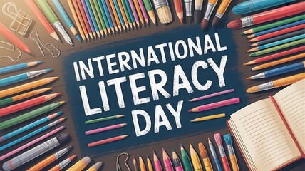 International literacy day celebrated with colorful pencils, pens, and an open book, promoting education, learning, and the joy of reading