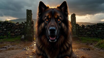 Gaunt monstrous dog with matted fur, glowing red eyes, guards decaying stone gate