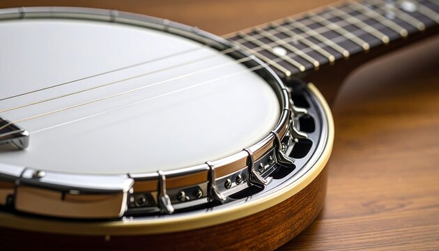 Close-up of a Banjos Resonator and Neck on a Wooden Surface.