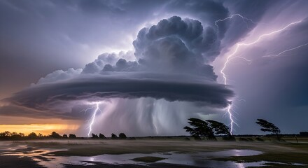 A powerful thunderstorm with lightning strikes over a rural landscape, showcasing the beauty and danger of natures fury with a dramatic sky around 197 characters