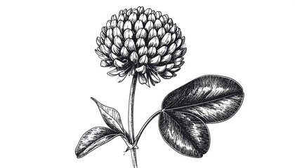 Detailed botanical illustration of a clover flower and leaves, presented in a fine line drawing style against a plain white backdrop.