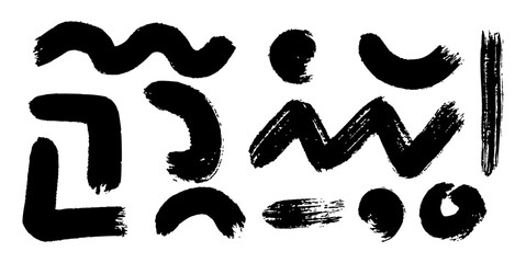 Grunge vector set of isolated brush shapes in black. Rough retro strokes with triangle, circle, curl, and curly swash forms. Ideal for collage, graffiti design, splash art, banner, or mosaic textures.