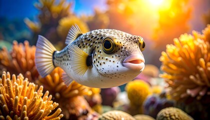 Close-up of a pufferfish swimming amidst vibrant coral in a marine aquarium, showcasing intricate patterns and warm, sunny hues.