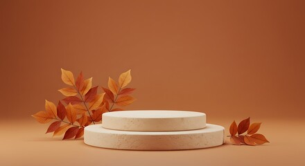 Minimalist podium with autumn leaves on warm brown background