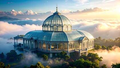 Obraz premium Floating Glass Greenhouse Palace Above Clouds.