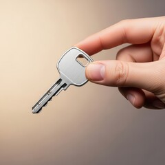 Female hand holding silver key against neutral background
