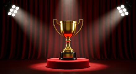 Golden trophy on a red pedestal under stage spotlights