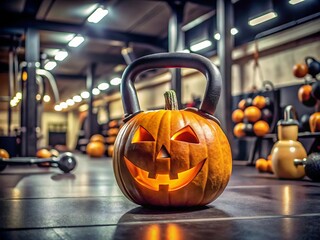 A festive halloween pumpkin kettlebell in a gym setting, combining fitness and holiday spirit