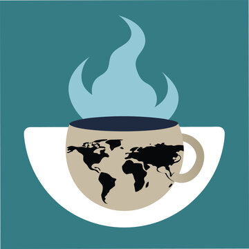 A steaming cup of coffee with a world map design, representing global coffee culture and international coffee trade and consumption