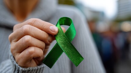 mental health awareness, close-up of hands pinning green ribbon on clothing, with blurred background of people in solidarity for global mental health