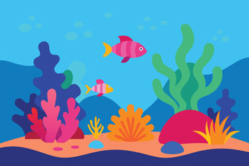 Vibrant underwater scene featuring colorful fish swimming among coral reefs, seaweed, and rocks on the ocean floor, creating a lively marine ecosystem