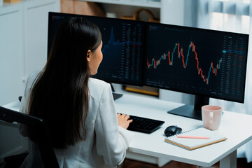 Young beautiful Asian businesswoman looking on pc to analyze profitable of exchange stock market graph at modern office. Concept of investing high profit in wealth security in finance. Stratagem.