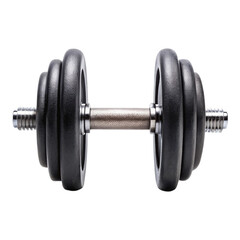 Fototapeta premium A single black dumbbell with multiple weights on each side against a black background in a studio shot created with generated ai