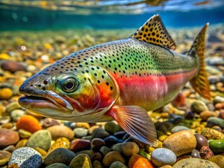 Close up of a colorful rainbow trout underwater in a river with rocks and gravel on the bottom