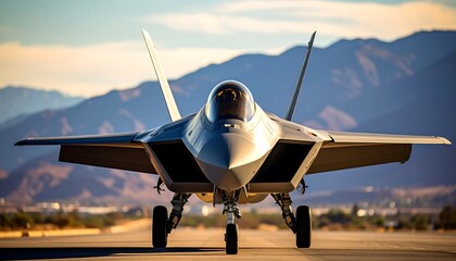 Fototapeta premium Fighter jet on runway, mountains in background