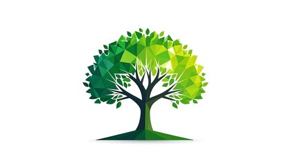 A stylized, geometric tree design showcases vibrant green tones and a polygonal pattern.
