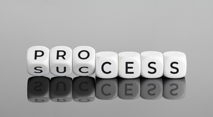 Process for success concept. Cube blocks flipping over word process to success