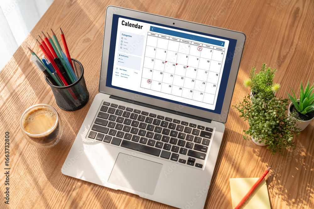 Poster calendar on computer software application for modish schedule planning for personal organizer and on