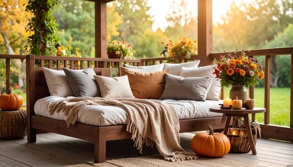 Cozy autumn porch scene with comfortable seating and warm autumnal decorations