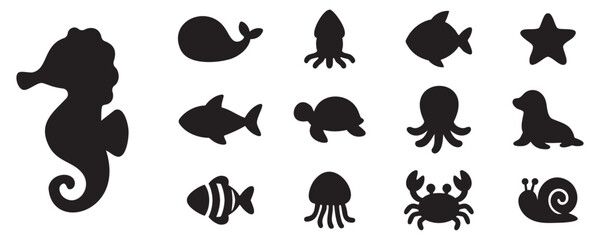 Sea animal silhouette set featuring fish, seahorse, octopus, crab, starfish, and aquatic icons for marine wildlife and ocean themes © creatix