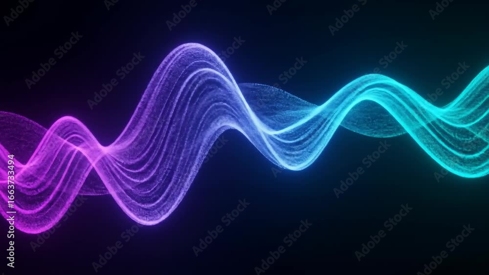 Poster abstract glowing particle wave flowing smoothly from purple to blue on a dark background