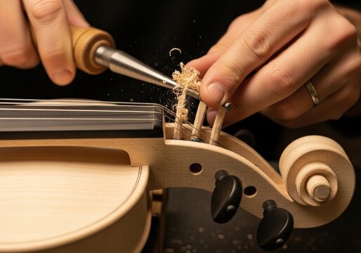 Closeup of a luthier carving the scroll of a violin