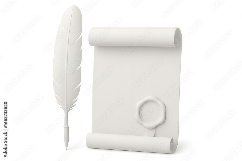 Poster 3d rendering of a white feather pen next to a blank scroll with a wax seal, isolated on a transparen