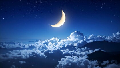 Crescent Moon Shines Brightly Over Fluffy Clouds in a Starry Night Sky.