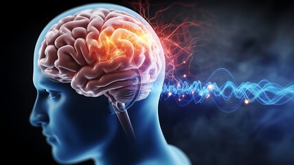 Obraz premium Human Brain with Electrical Signals and Waves anatomy