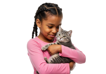 Adorable African American girl tenderly hugging her beloved grey tabby cat, isolated on a transparent background