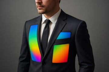Businessman wearing a suit with integrated programmable and customizable led patches, showcasing innovative fashion technology