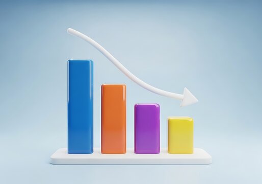 Downward trend business graph showing decrease with colorful columns and arrow depicting loss