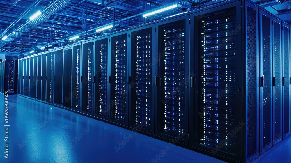 Poster advanced data center with illuminated server racks and modern infrastructure, representing cloud tec