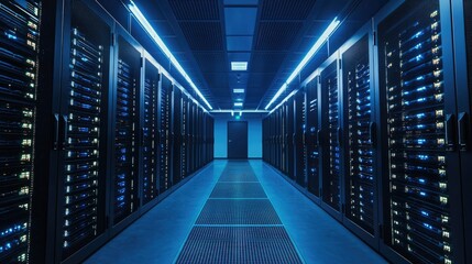 Modern data center with rows of illuminated server racks in a secure facility, showcasing technology, cloud computing, storage infrastructure, and networking solutions