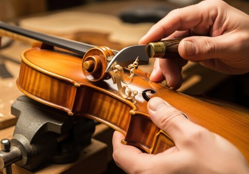 Closeup of a luthiers hands carefully carving and shaping a wooden violin with specialized tools in a workshop