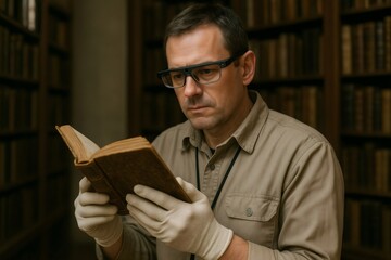 Male librarian wearing smart glasses carefully reading an old book while holding it with white gloves in a library or archive