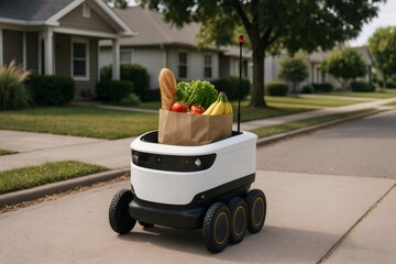 Fototapeta na wymiar Small autonomous robot delivering groceries in a paper bag, navigating through a quiet residential neighborhood, showcasing innovative technology