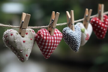 Whimsical Hearts Suspended: Handcrafted Fabric Hearts on a Clothesline with Chequered Linen and Clothespins, Symbolizing Love and Friendship