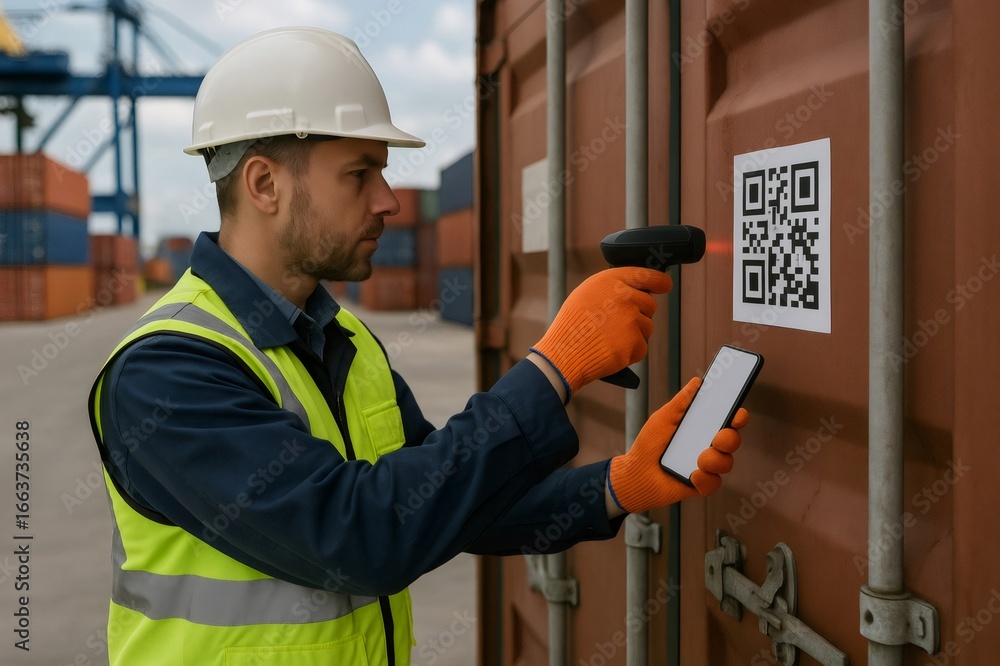 Poster dockworker wearing safety helmet and high visibility vest scanning qr code on shipping container wit