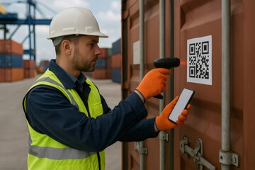 Dockworker wearing safety helmet and high visibility vest scanning qr code on shipping container with barcode scanner in a shipyard